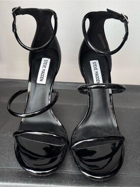 Steve Madden Black Patent Triple-Strap Ankle-Heel Sandals